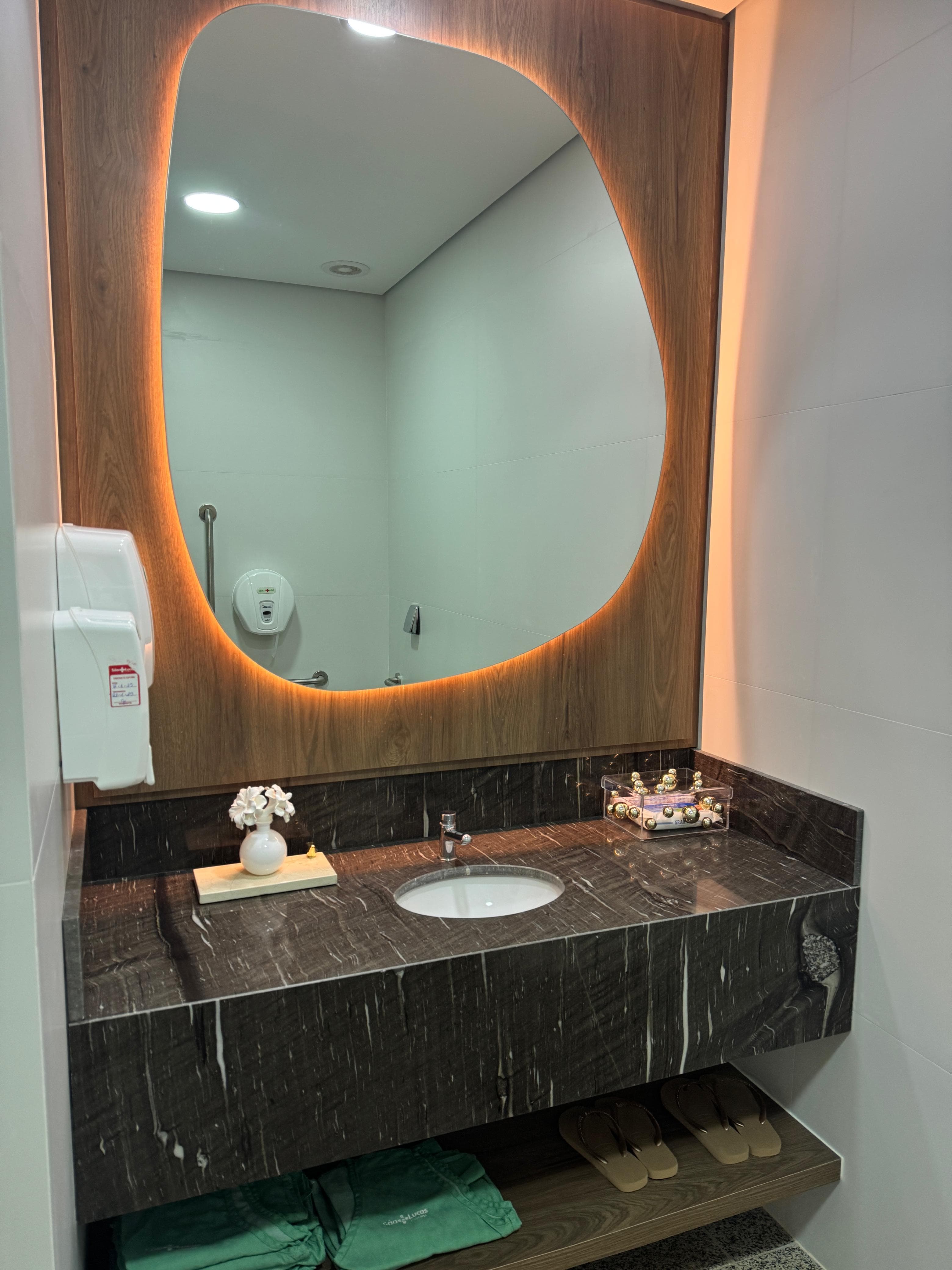 Lavabo com bancada de mármore escuro, cuba branca e espelho de contorno orgânico iluminado